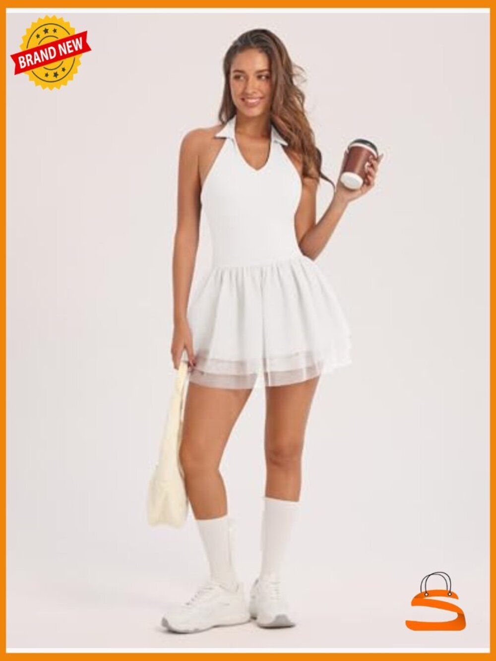 V Neck Halter Backless Tiered Tulle Dress with Built-in Shorts - Picture 6 of 6